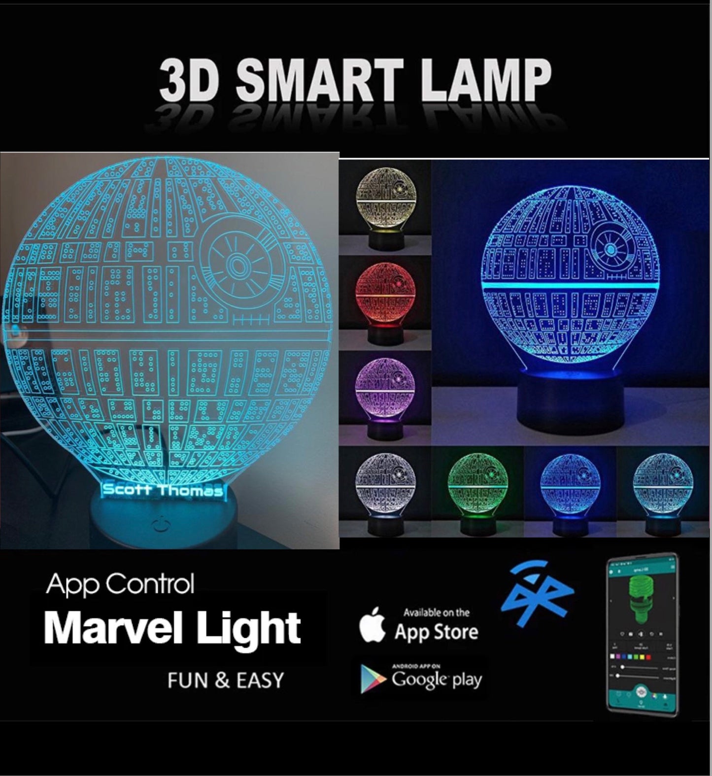 Death Star Smart APP Steuerung Star Wars 3D Illusion Nachtlicht Bluetooth, Musik, 7 &amp; 16M Farbe Mobile App, kann personalisiert werden