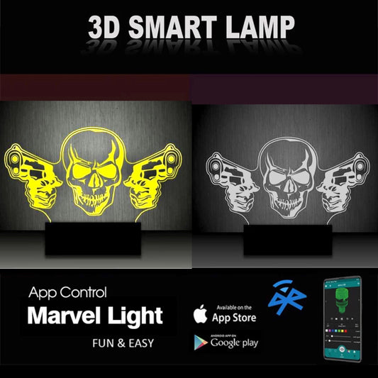 Skull With Guns Personalized 3D Illusion Smart APP Control 3D Illusion Night Light Bluetooth,Music,7&16M Color Mobile App,Made in UK