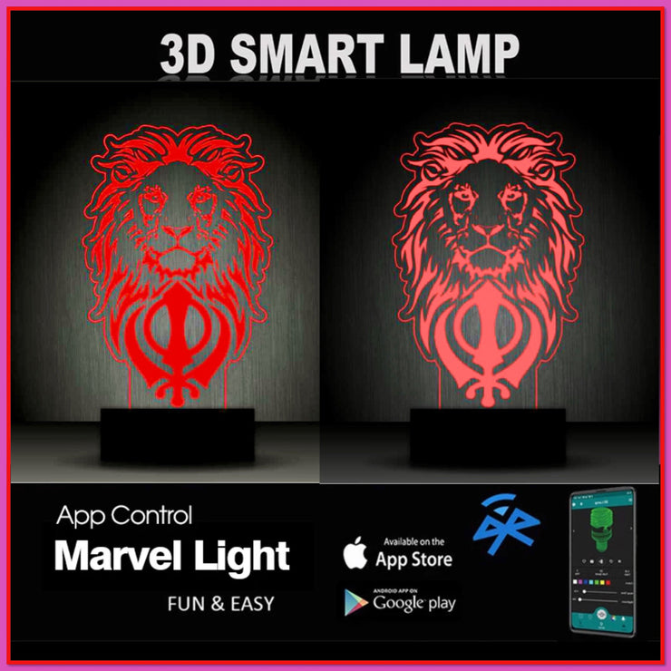 Löwenkopf mit Khanda, Sikhs-Emblem 3D-Illusion Smart APP Control 3D-Illusion Nachtlicht Bluetooth, Musik, 7 &amp; 16M Farbe Mobile App