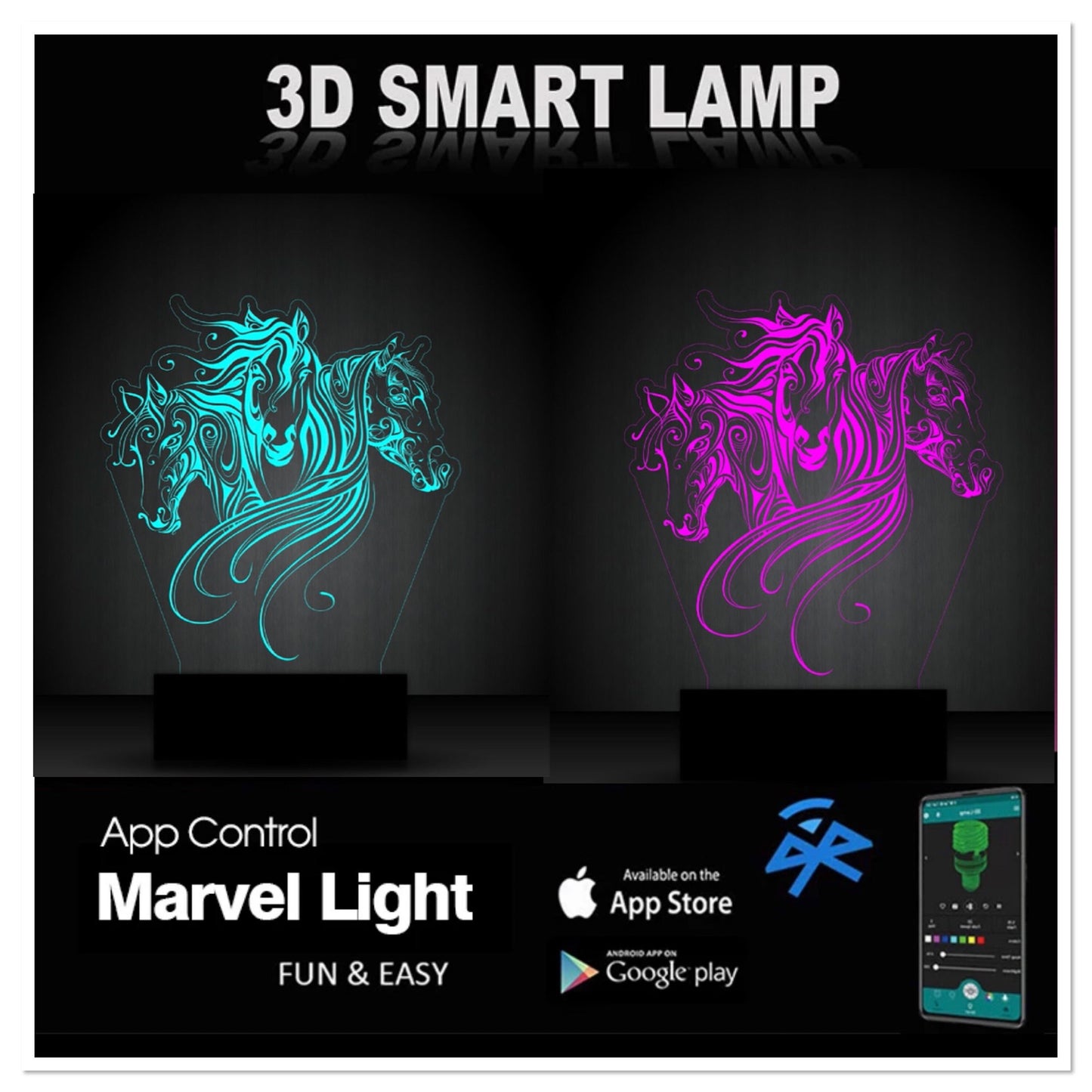 Horses Personalized 3D Illusion Smart APP Control 3D Illusion Night Light Bluetooth,Music,7&16M Color Mobile App,Made in UK