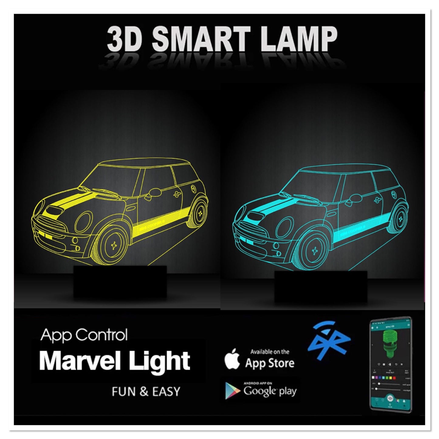 Mini Personalized 3D Illusion Smart APP Control 3D Illusion Night Light Bluetooth,Music,7&16M Color Mobile App,Made in UK
