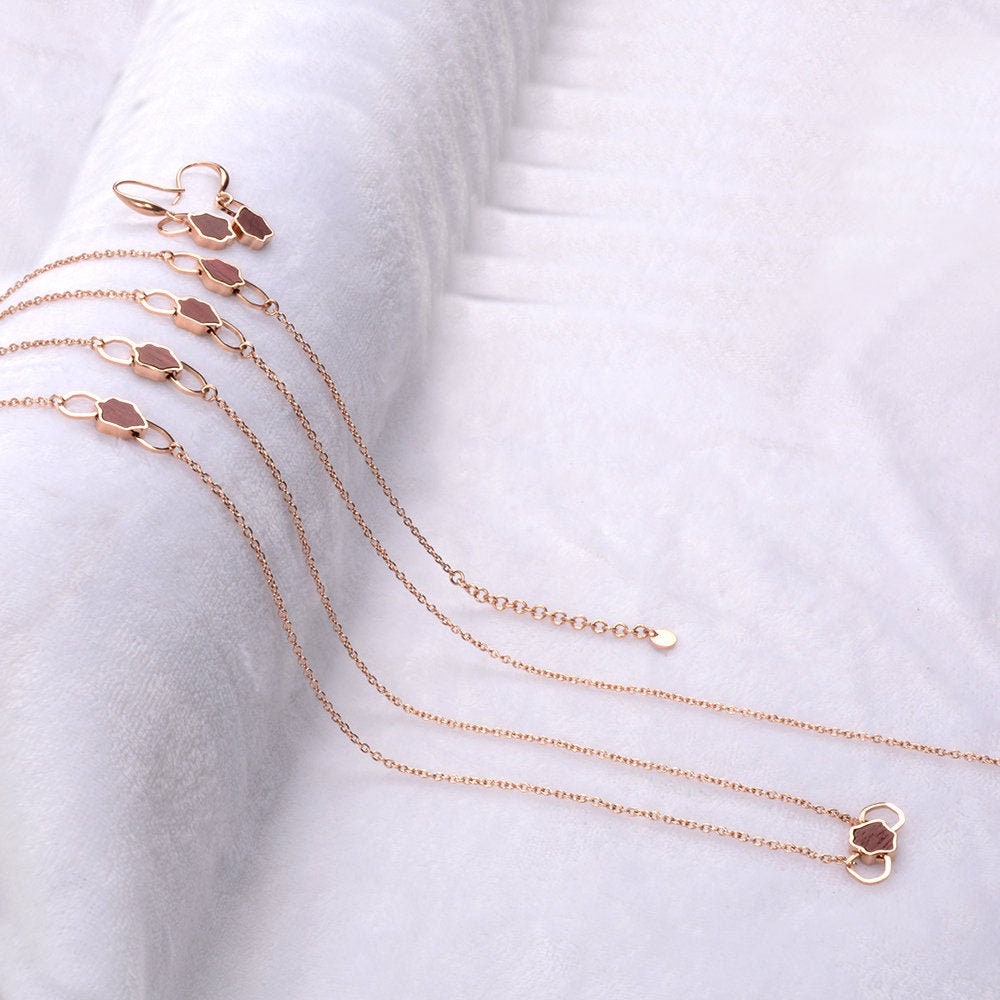 Rose gold,gold and silver women stainless steel chain jewelry set in wood unique design 4 piece