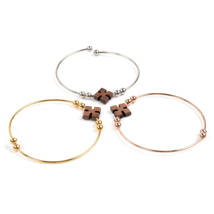 Rose gold,gold and silver stainless steel with wood flower jewelry bracelet