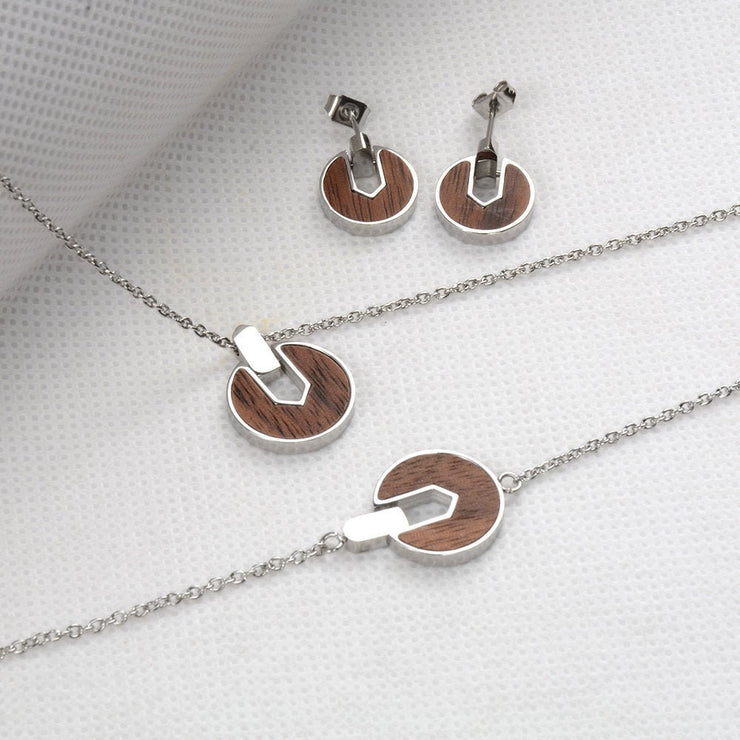 Silver stainless steel & walnut jewelry gold plated jewelry earrings,hand chain and necklace set jewelry women with box 3 piece