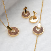 Gold stainless steel & walnut jewelry gold plated jewelry earrings,hand chain and necklace set jewelry women 3 piece