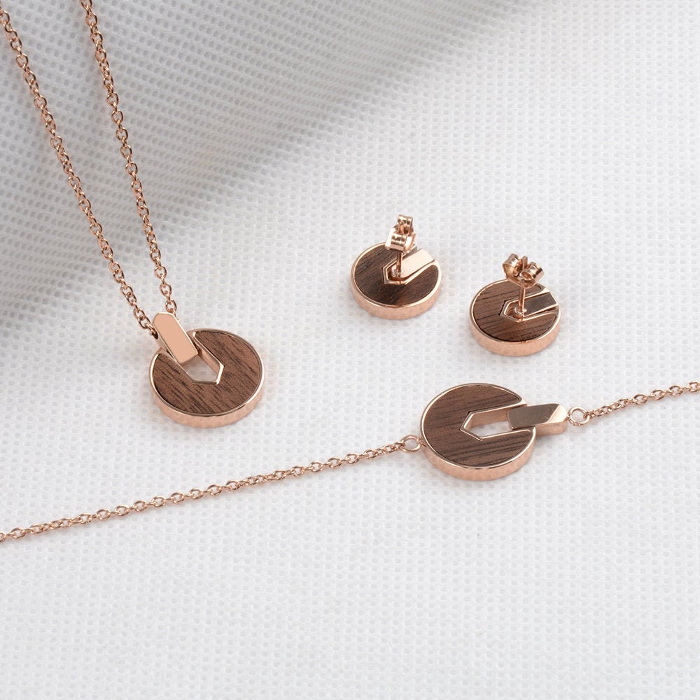 Rose gold stainless steel & walnut jewelry gold plated jewelry earrings ,hand chain and necklace set jewelry women