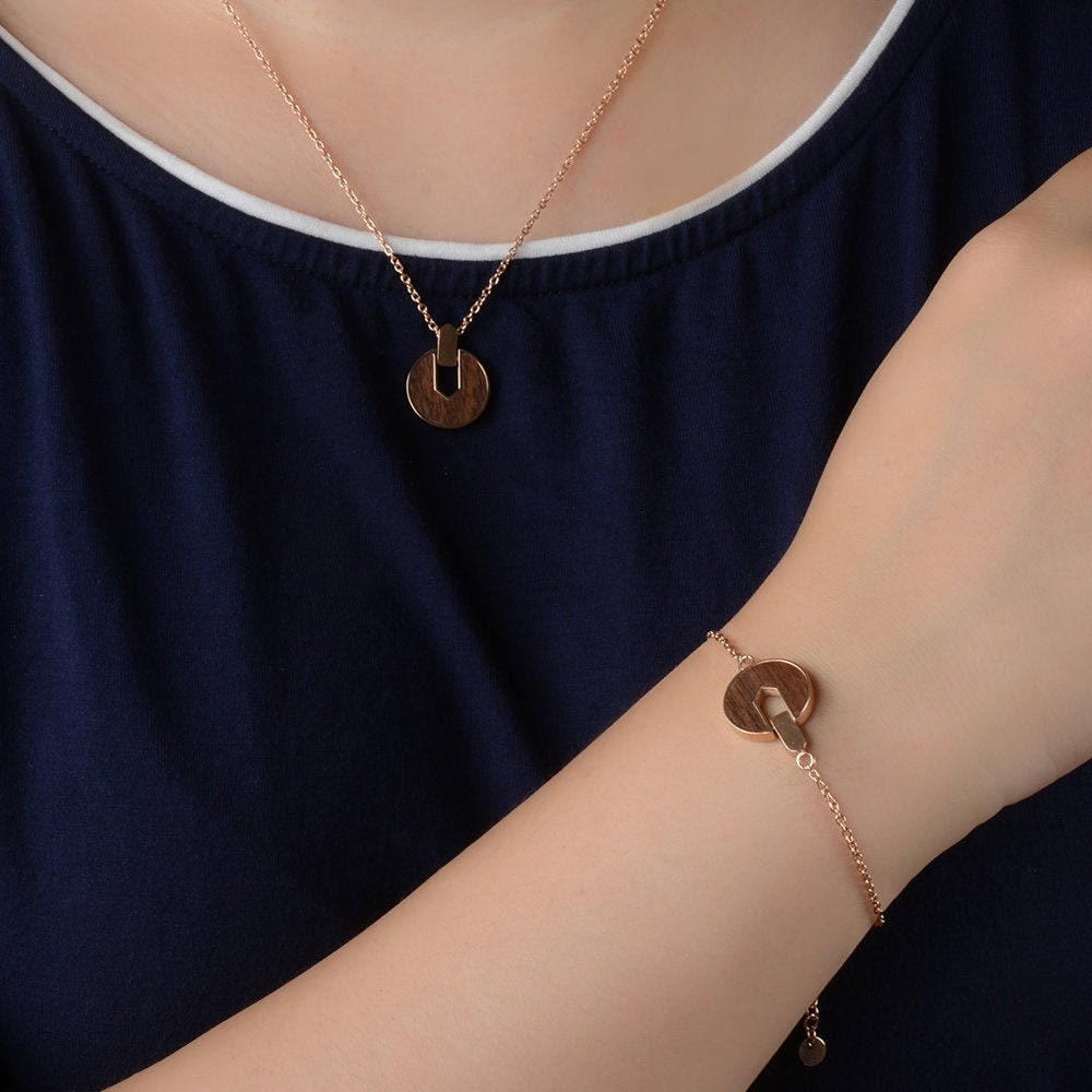 Rose gold stainless steel & walnut jewelry gold plated jewelry earrings ,hand chain and necklace set jewelry women