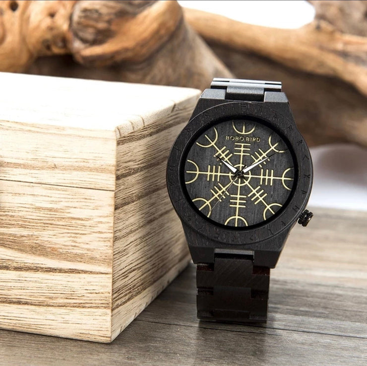Personalised Engraved Wooden Watch Viking Helm of Awe Wooden Bobo Bird Wristwatch Gift for Him,Wooden box included