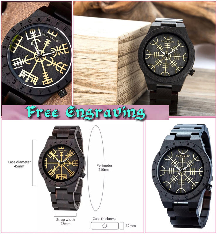 Personalised Engraved Wooden Watch Viking Helm of Awe Wooden Bobo Bird Wristwatch Gift for Him,Wooden box included
